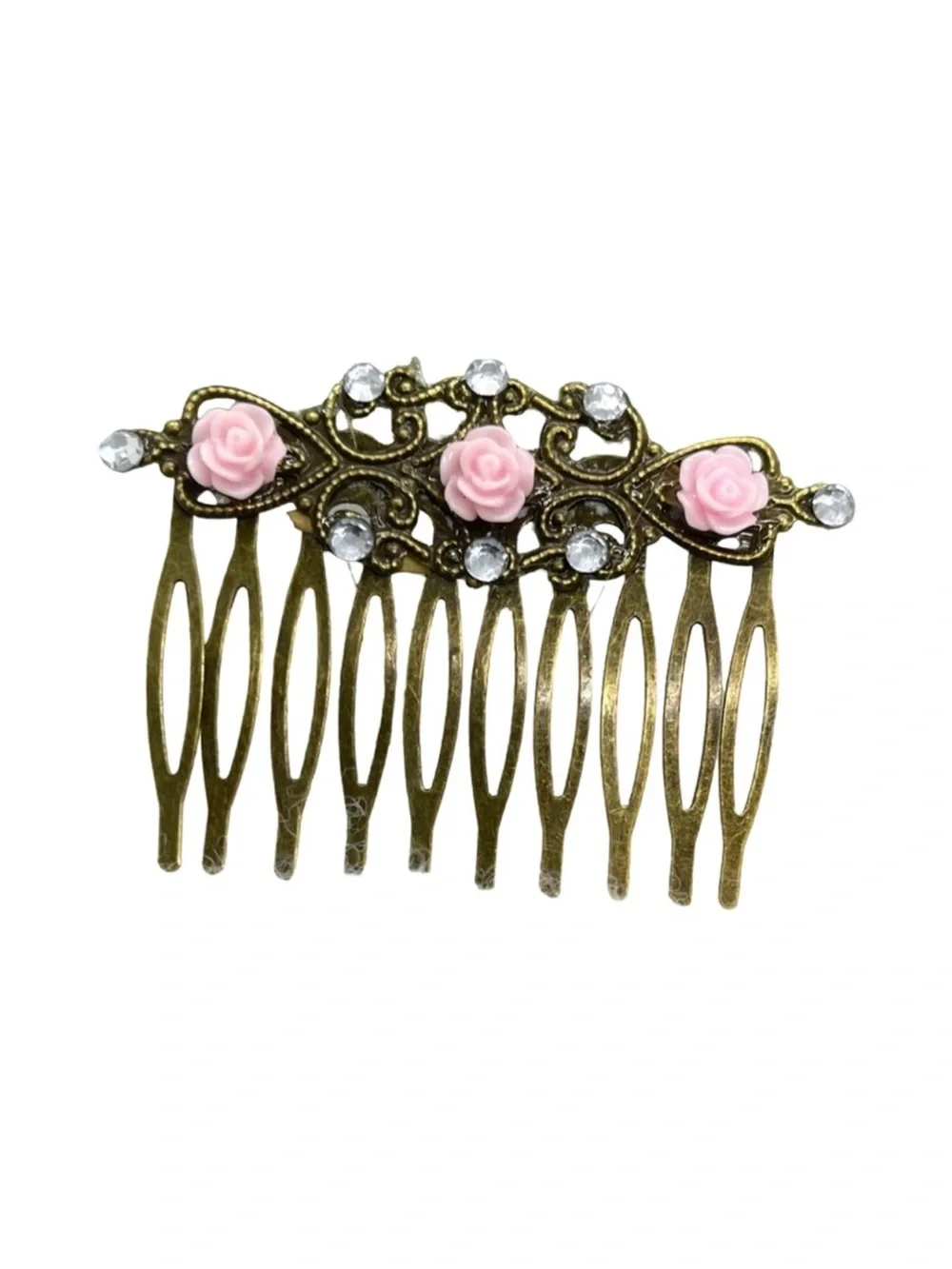 Romantic Pink Rose Antiqued Brass Hair Comb 2,0” FINAL PRICE DROP